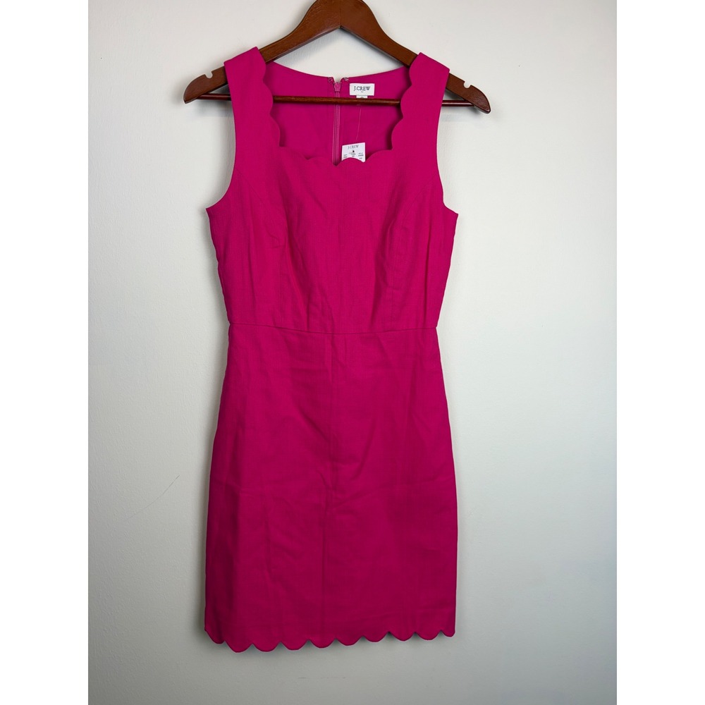 NEW J Crew Scalloped Basketweave Square Neck Dress 0 Hot Pink Mini Sheath Preppy